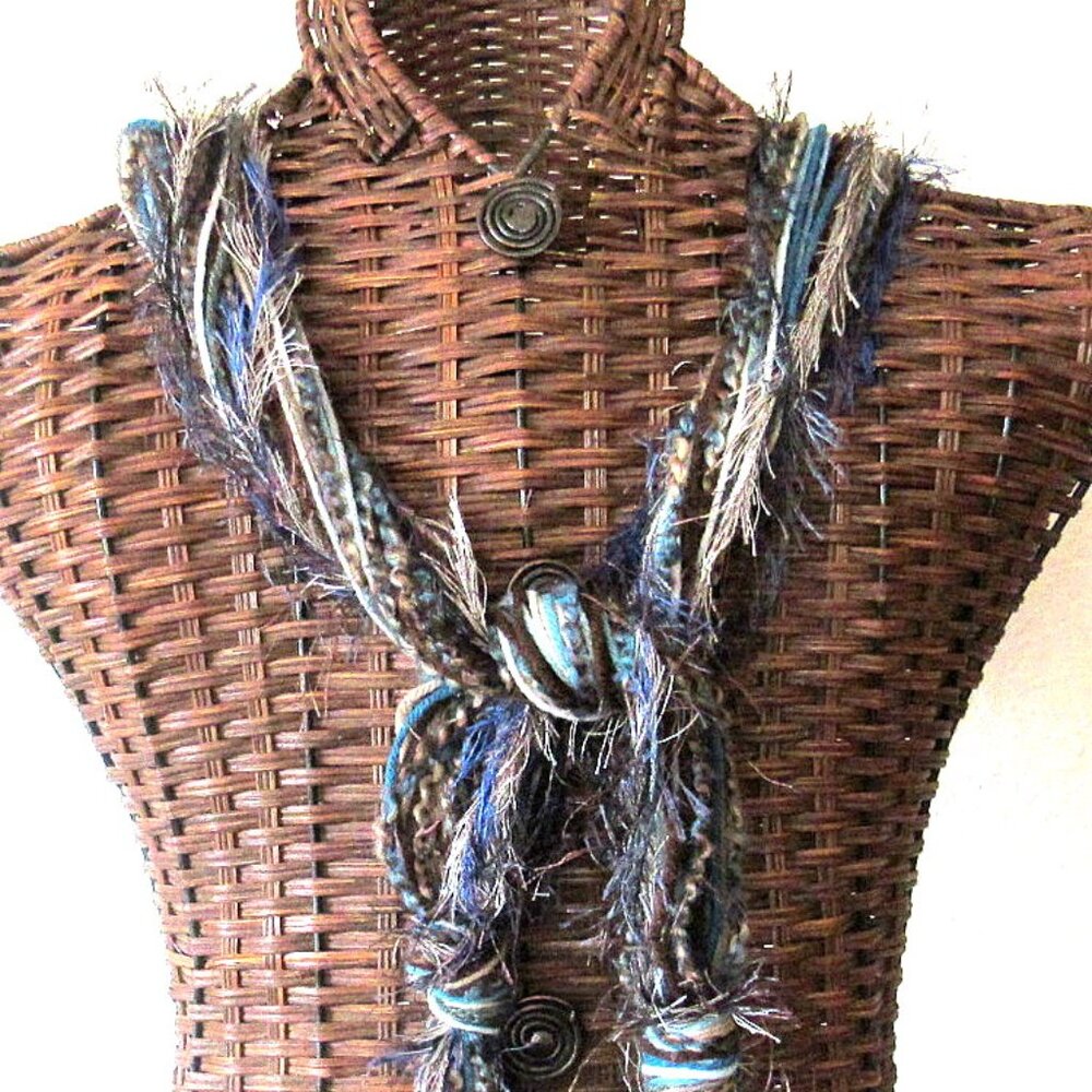 Brown Teal String Scarf 71" Multi Strands Yarn Winter Wash Dry Handmade USA